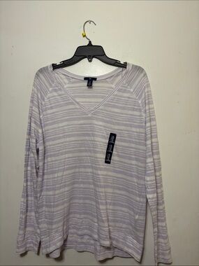 GAP Lavender & White Striped V-Neck Long Sleeve Tee